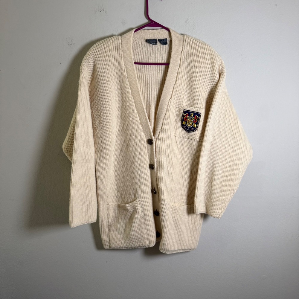 Lizwear Vintage 100% Wool Cardigan Sweater Cream Crest Patch Ribbed Knit Mens M